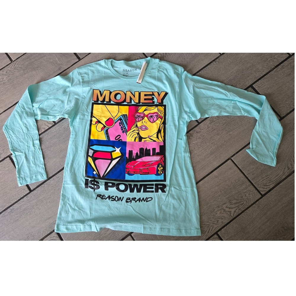Reason Brand Money Is Power Graphic Long Sleeve Tee Teal Large FQ1-10